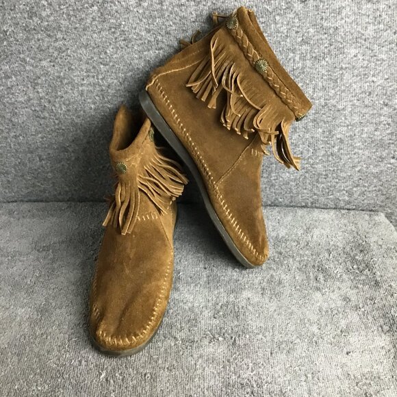 Minnetonka Suede Moccasins Sz 7 Brown Fringe Ankle Back Zip - Picture 3 of 8